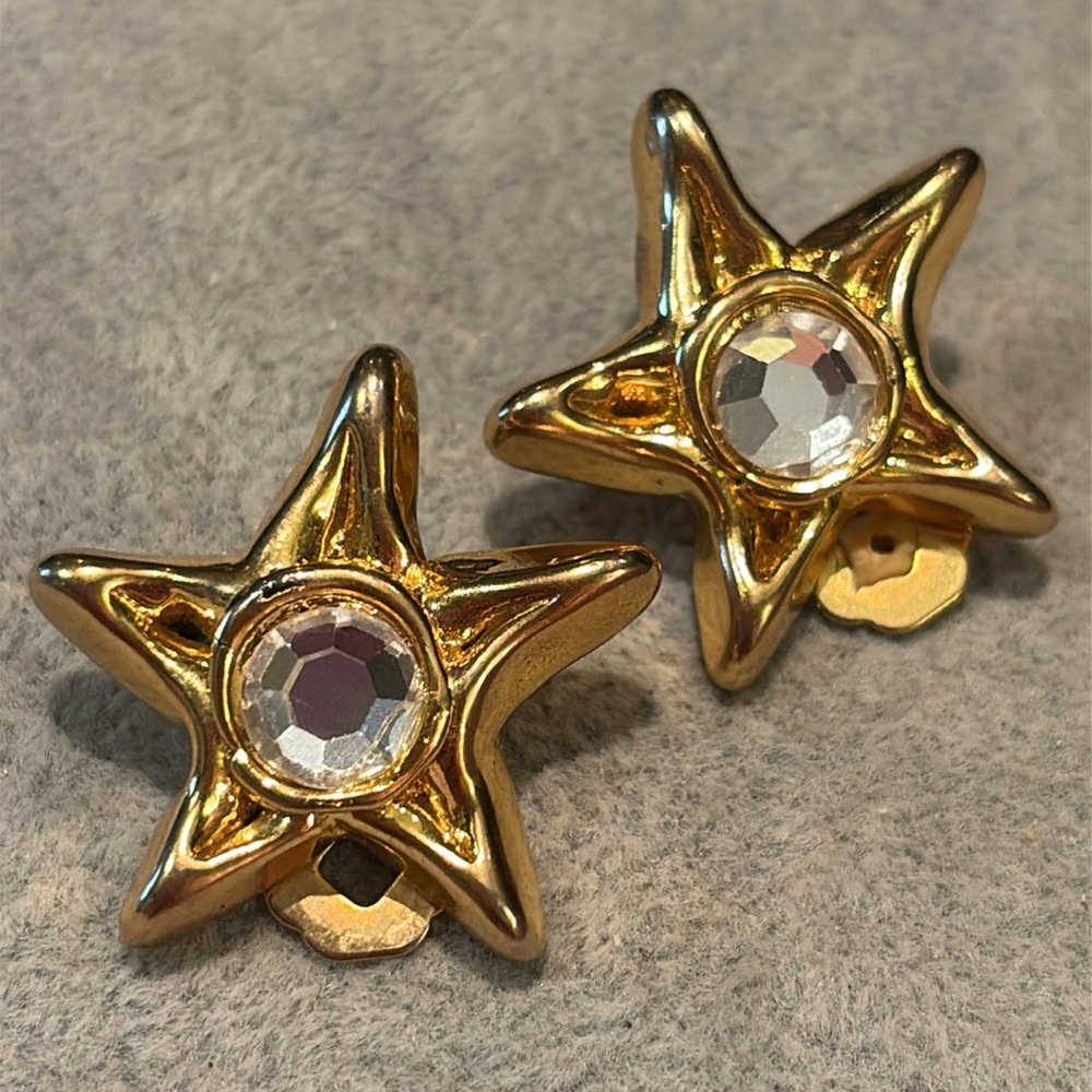 Vintage Abstract Star-Shaped Gold Earrings with Crystal Accents